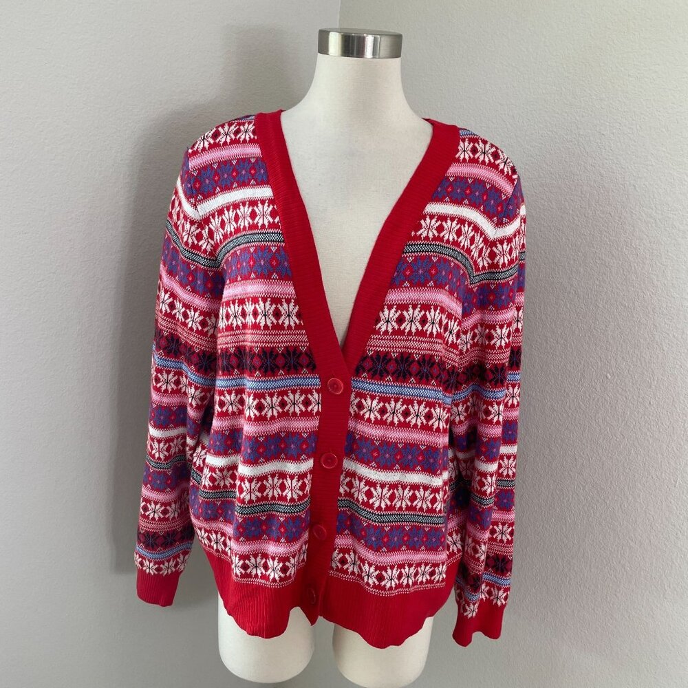 Lane Bryant‎ Womens Plus 18/20 Cardigan Sweater Red Fair Isle Cotton Blend Knit